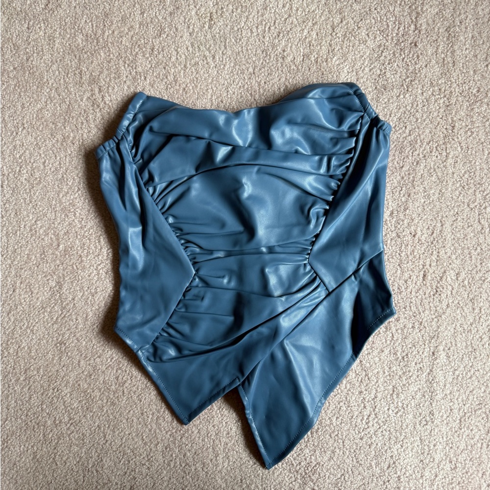 Blue faux leather strapless top